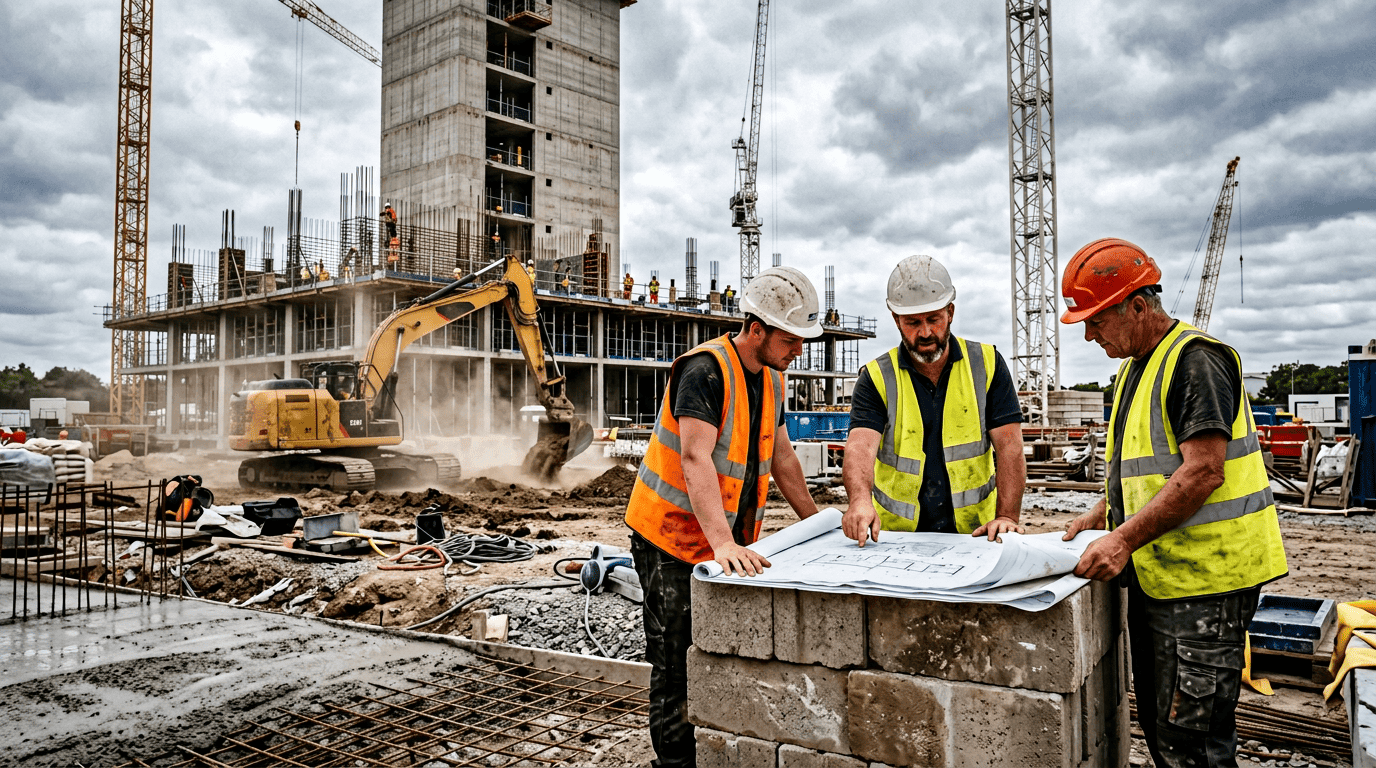 Steel frame construction site under a clear sky