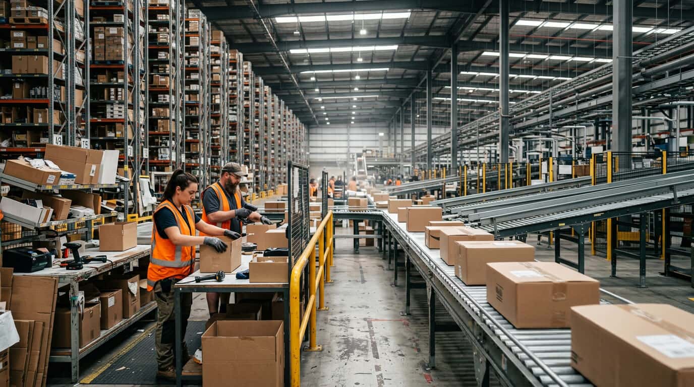Automated fulfilment warehouse with conveyor systems