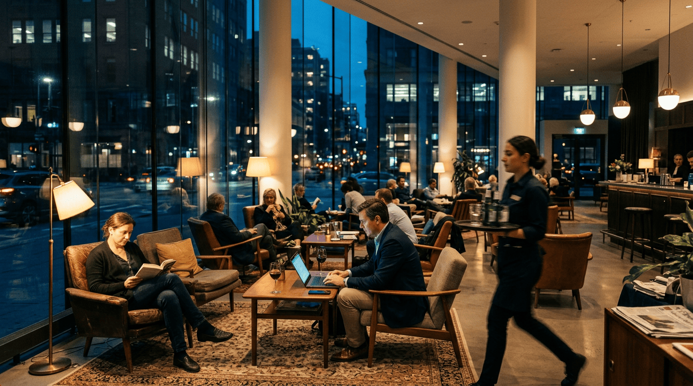 Hotel lobby interior with warm evening lighting