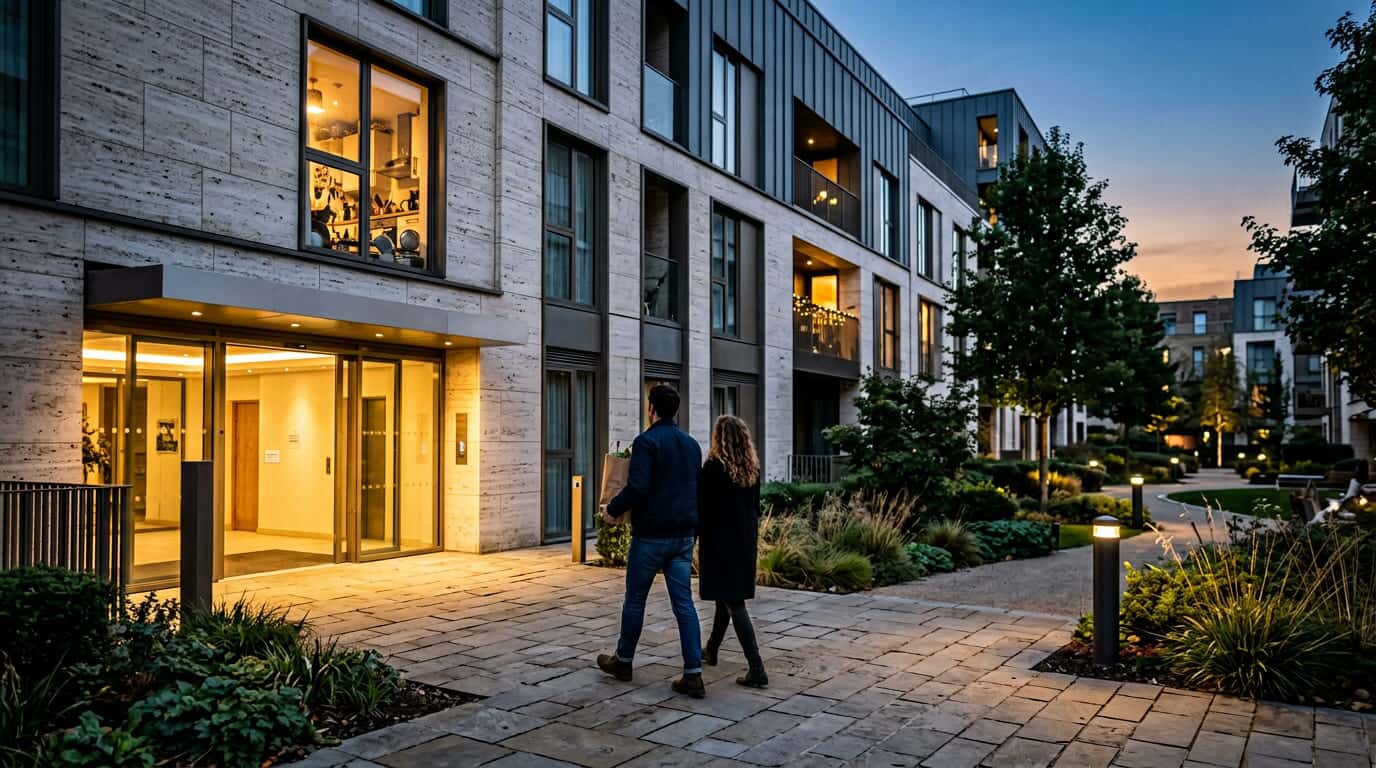 Modern residential development photographed at dusk