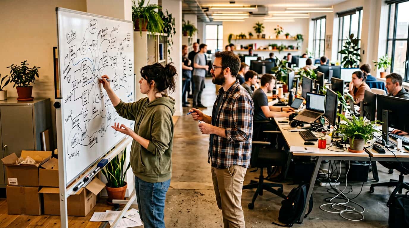 Product team reviewing an interface on a large display