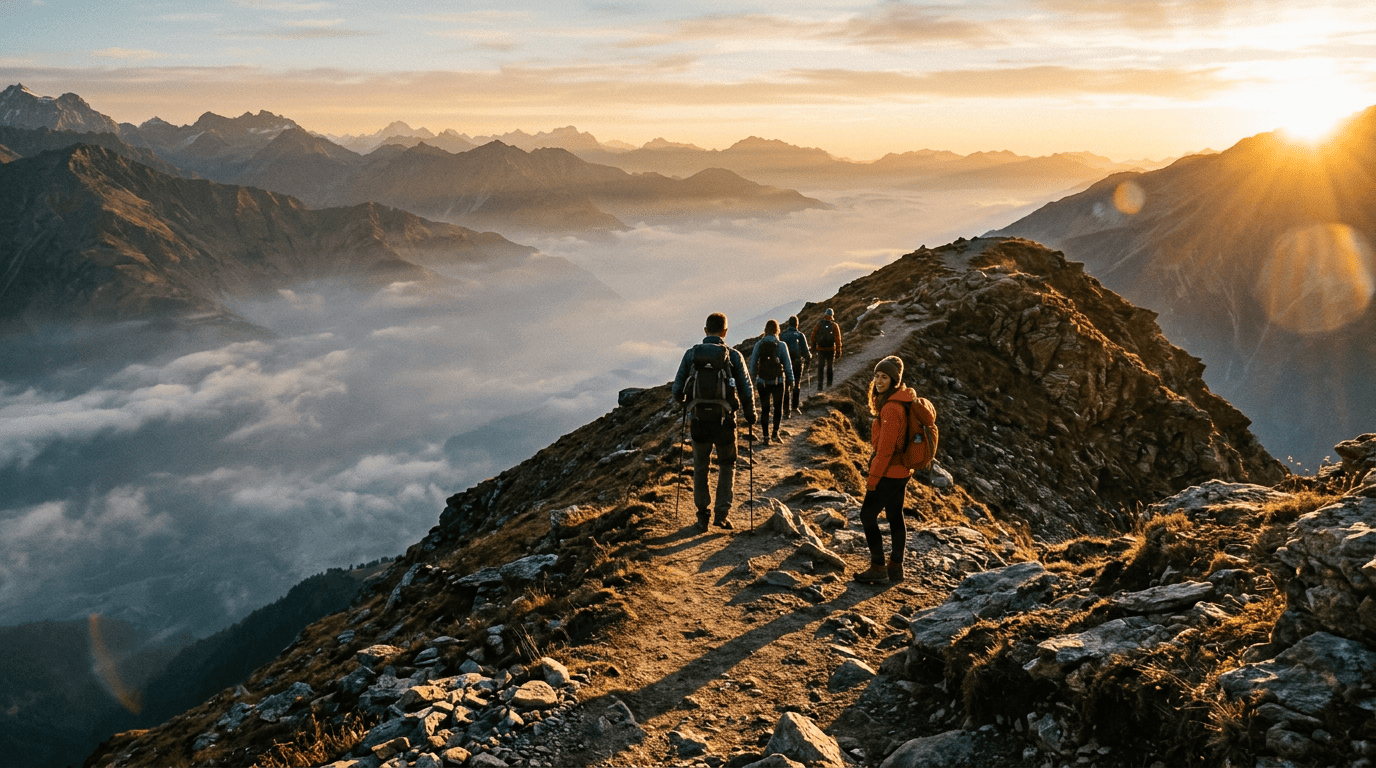 Small group hiking a coastal trail at golden hour